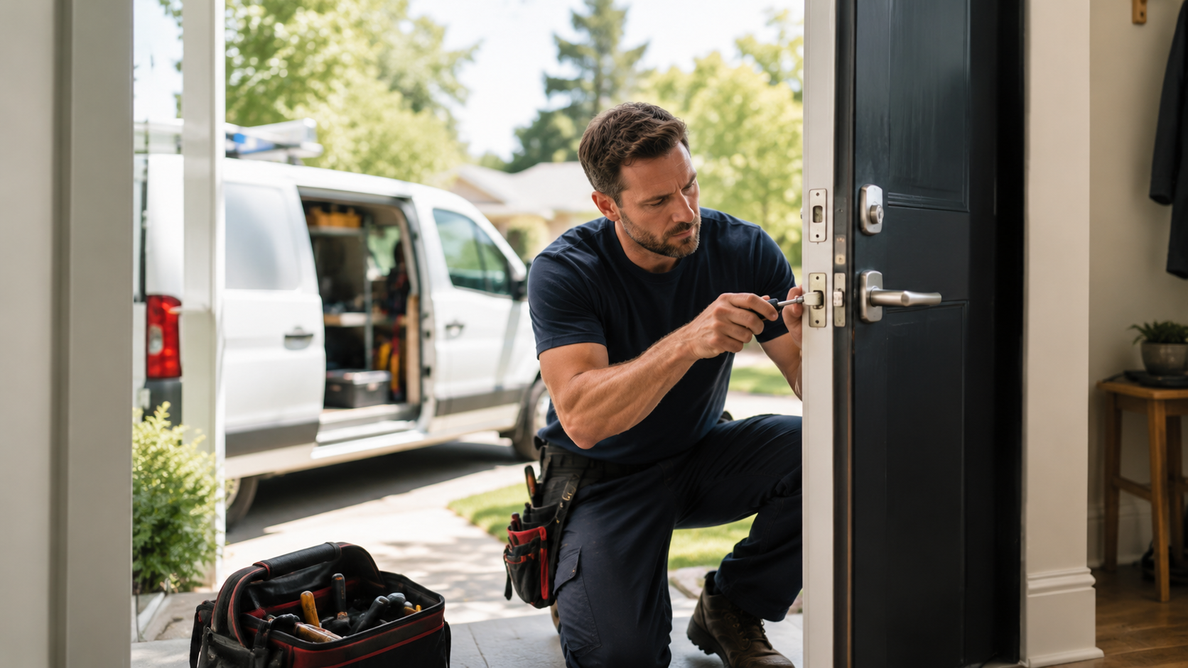 Handyman repairing a front door lock at a customer's home