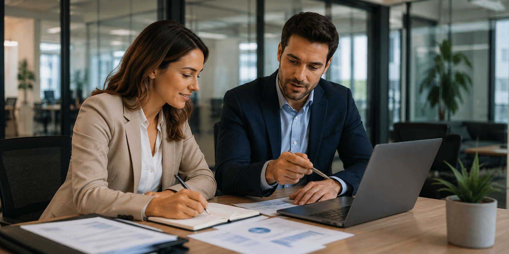 Two business consultants reviewing reports and a laptop together in a glass-walled office