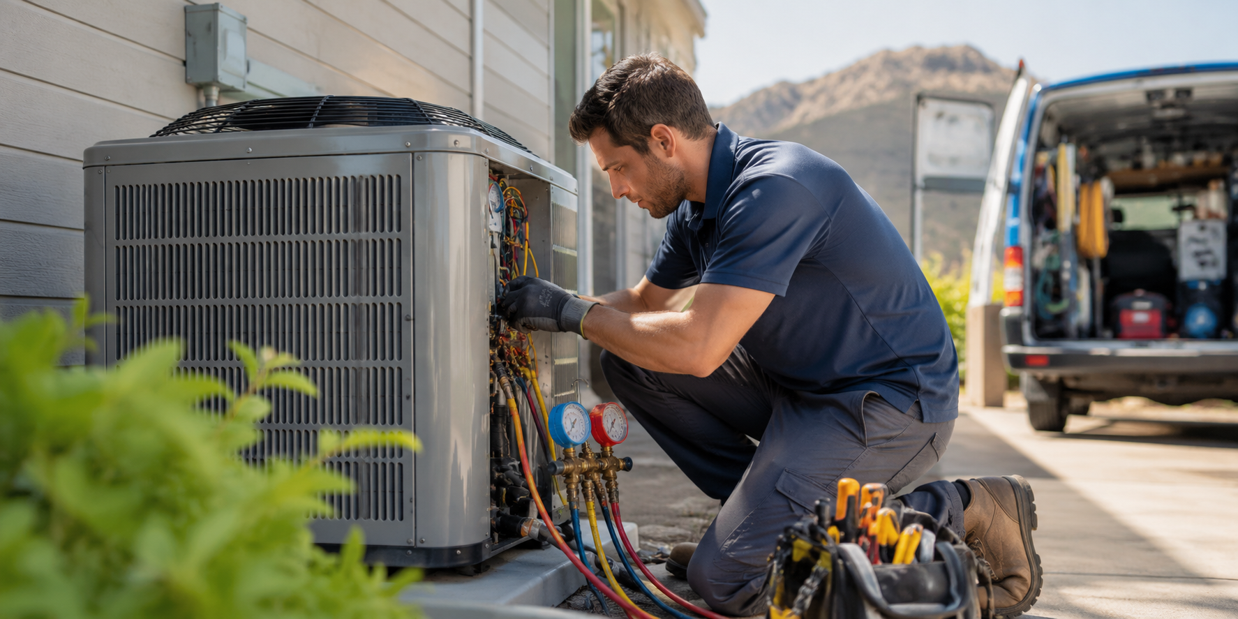HVAC technician servicing an outdoor air conditioning unit beside a service van
