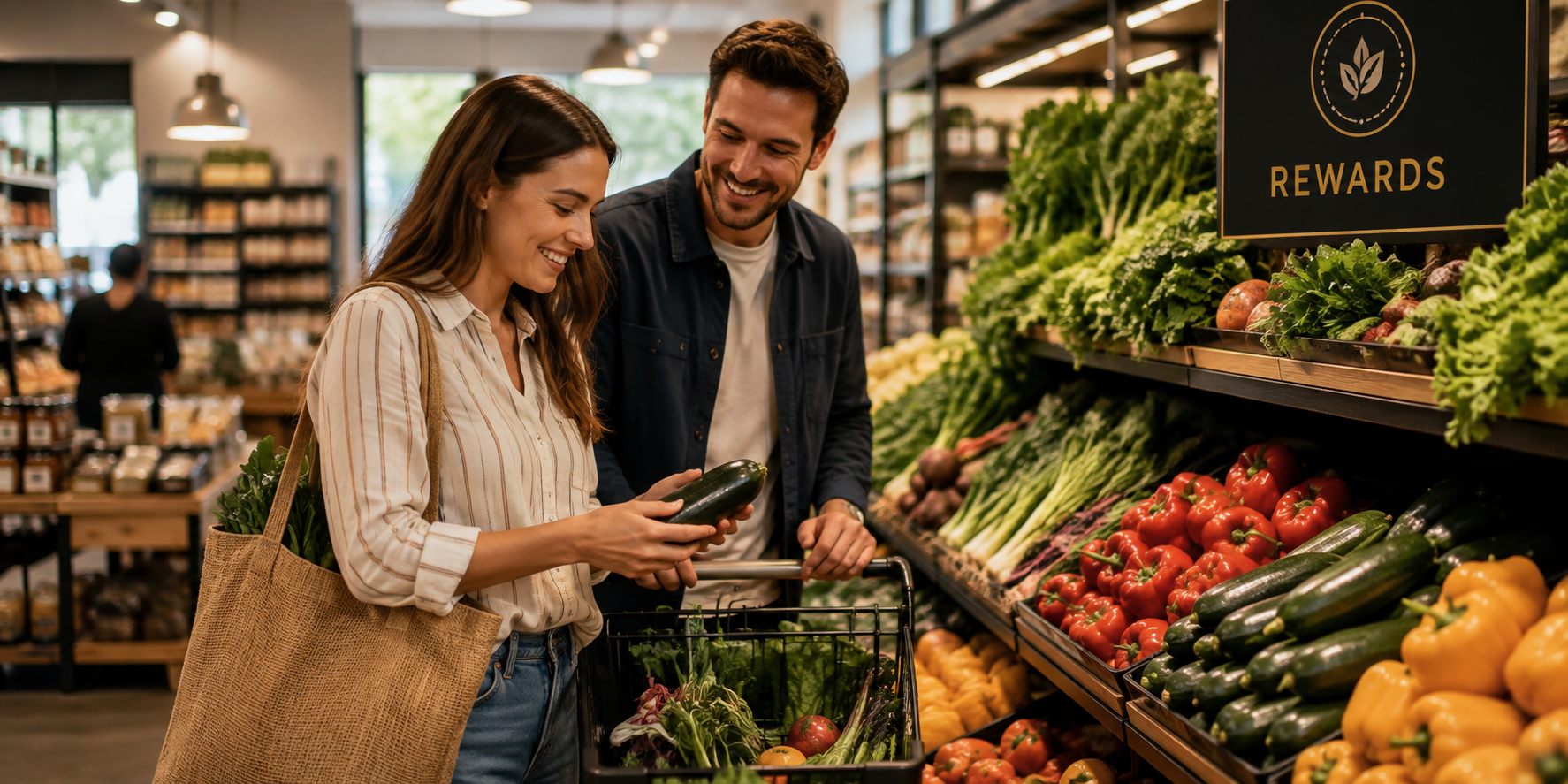 Couple shopping for produce near a rewards program sign in a grocery store
